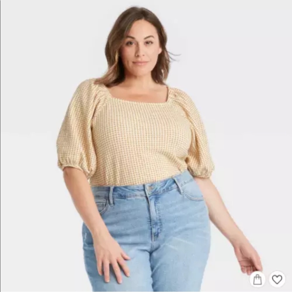 Ava & Viv Mustard Yellow and White Gingham Puff Sleeve Blouse with Square Neck